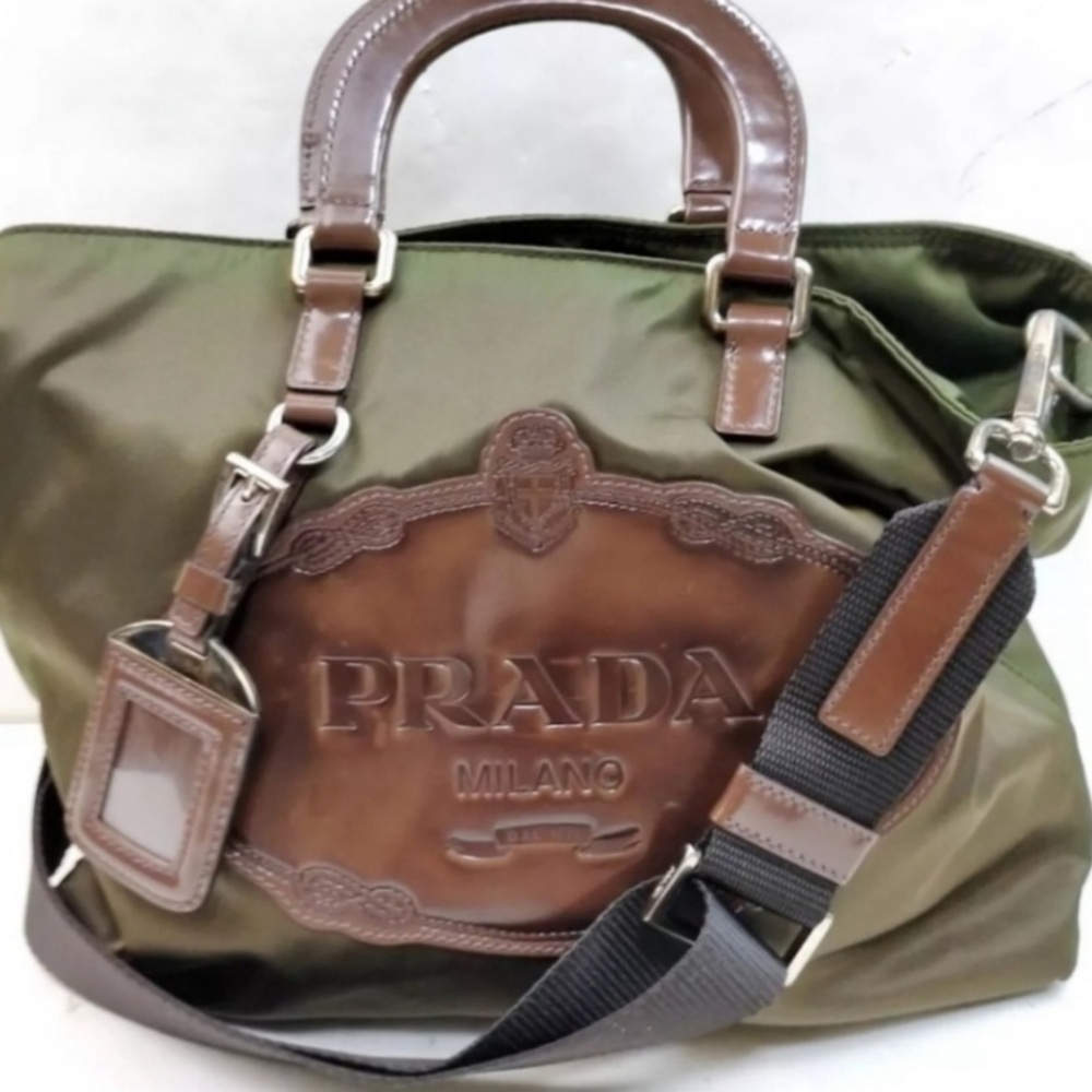 PRADA Milano Olive Green & Brown Nylon Medium Tote w/ Handles & Crossbody